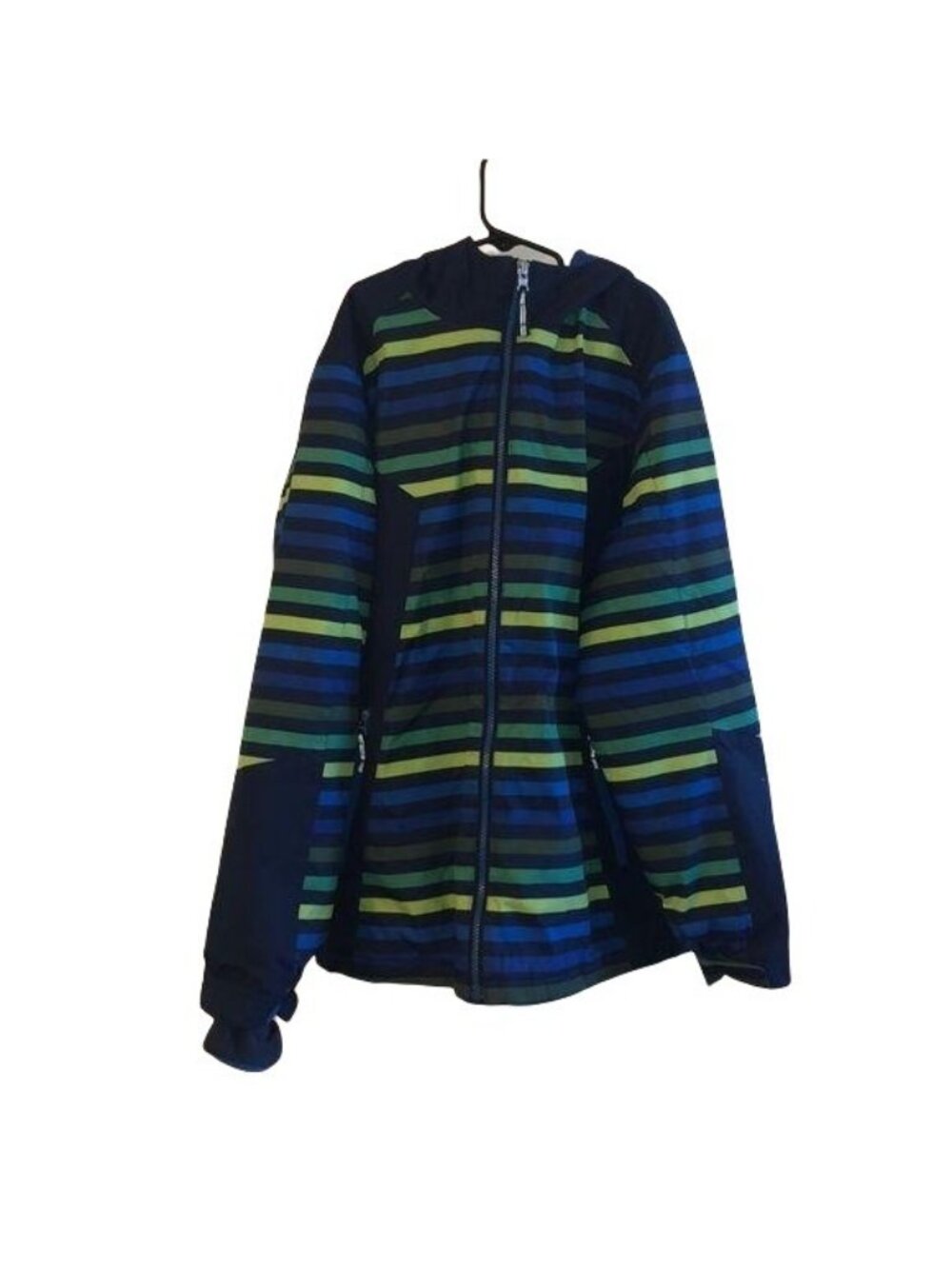 Lands End Kids Hooded Striped Jacket L 14-16 Blue Green